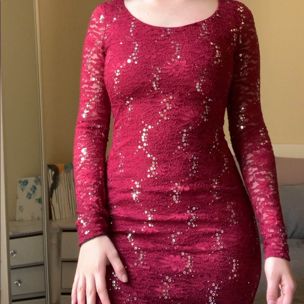 Long-sleeve Red Lace Dress